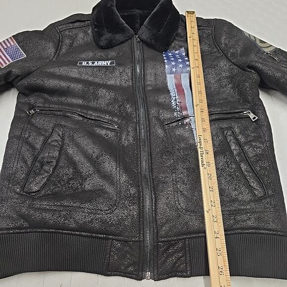 Shein Mens US Army Veteran Faux Fur Lapel Flight Jacket Sz L Black Military - Picture 7 of 11